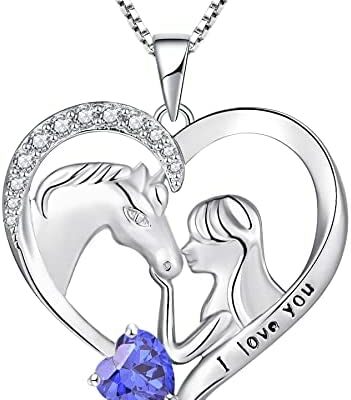 YL Cheval Collier 925 Sterling Silver Cut 12 Birthstone Cubique Zircone Cheval Coeur Pendentif Bijoux pour Femme Petite Amie