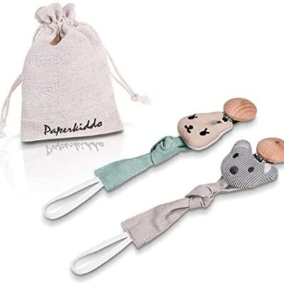 PAPERKIDDO Lot de 2 Attache Sucette Attache Sucette en Bois - Attache Sucette Bébé Personnalisé Garçon et Fille - Super Doux - Peluche - Cadeau de Naissance Personnalisé (Ours + Lapin)