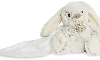 BABY NAT' - Peluche Lapin avec Couette Mouchoir - 15cm - Gris - Idées Cadeaux Naissance - Lapin Mauve - BN0221