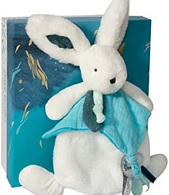 Doudou et Compagnie - Happy Doudou To You - Couverture lapin - blanc/bleu canard - Happy pop - Lapin pompon paon - Idée cadeau - 25 cm - DC3745