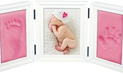 JZK Baby Handprints and Footprints Photo Frame Kit for Girls Perfect Baby Shower Gift, Pink Clay and White Wood Frame (EN71 Toy Safety Tested)