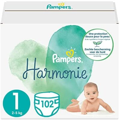 Couches Pampers Taille 1 (2-5 kg), Harmony, 102 couches pour bébé, paquet de 1 mois, 0 % de compromis, 100 % absorbant, à base de plantes, hypoallergénique