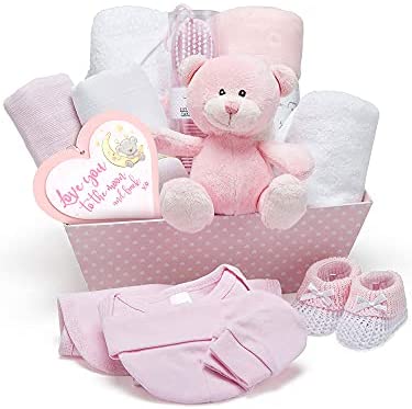 Coffret Naissance Bébé Fille Rose - Le kit naissance comprend des vêtements bébé fille, un lange polaire, une serviette à capuche, 2 langes et un adorable nounours