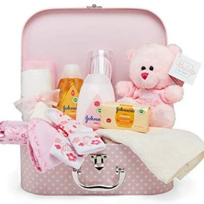 Coffret cadeau bébé - Panier cadeau rose plein d'articles pour bébé dans une boîte souvenir bébé fille