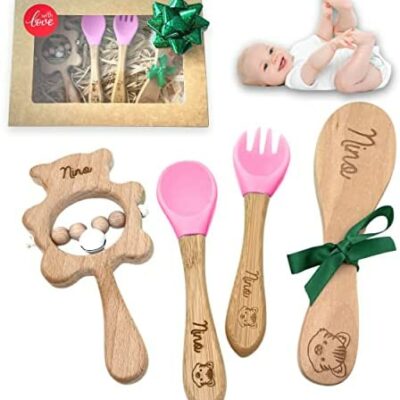 ERNESTINE - Coffret Cadeau Naissance Bébé Personnalisé Prénom, Nom ou Texte - Housse Brosse Hochet Bébé - Coffret Naissance Baby Shower - Cadeau Enfant Baptême Anniversaire Fille Enceinte Garçon