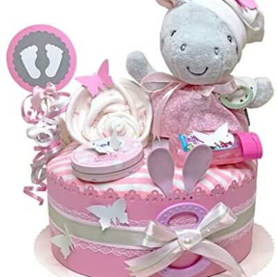 MomsStory - Gâteau de couches pour filles | Boîte à musique lapin | Cadeaux d'anniversaire, baptêmes, baby showers | 1 étage (rose/gris) avec jouets pour bébé, tétines et plus