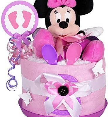 MomsStory Gâteau de couches pour mini filles | Minnie Mouse Disney | Cadeaux d'anniversaire, baptêmes, baby showers | 1 étage (rose/violet) avec tétine en peluche et plus