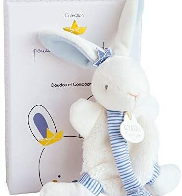 Doudou et Compagnie - Attache Sucette Peluche Lapin - 20cm - Bleu/Blanc - Idées Cadeaux Anniversaire - Lapin Marin - DC3511