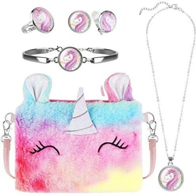 Hifot peluche licorne sac fourre-tout enfants filles bijoux, licorne petit sac à bandoulière collier bracelet boucles d'oreilles bague ensemble de bijoux, cadeau d'anniversaire