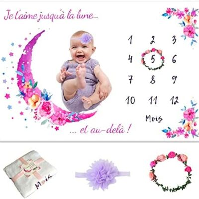 Couverture de scène pour bébé fille en français | Photo haute résolution | Suivi de croissance mensuel CLIPARTO | Couronne et bandeau de fleurs inclus | Cadeaux de douche de bébé (fr) Idées de cadeaux de naissance personnalisées pour fille