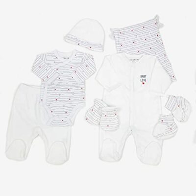 Kinousses - Kit Naissance "Stripes" - 7 Pièces (Pyjamas, Bodys, Pantalons, Bonnet, Chaussons, Gants & Sac de Rangement) - Filles, Garçons, Mixtes - Velours - 1 Mois