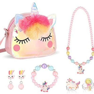 Hifot Licorne Sac à Main Bijoux pour Enfants Filles, Licorne Collier Bracelet Boucles d'Oreilles Kit Bijoux Fête d'anniversaire Cadeau