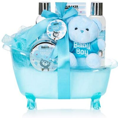 BRUBAKER Ensemble cadeau de soins pour bébé - 7 pièces - Ensemble de bienvenue pour garçons - avec baignoire et ours en peluche - Bleu clair