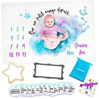 Couverture Baby Milestone Français avec 12 Cartes Baby Milestone - Tapis Baby Moon - Couverture Baby Moon Milestone - Douce et Épaisse - Cadeau Naissance Original Garçon/Fille