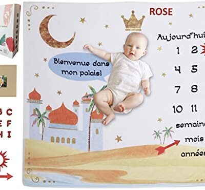 Couverture personnalisée pour bébé français pour souvenir mensuel | Kit complet d'album + nom | Cadeau de naissance original pour fille garçon | Tapis Milestone Evolution Age | Enfant unique