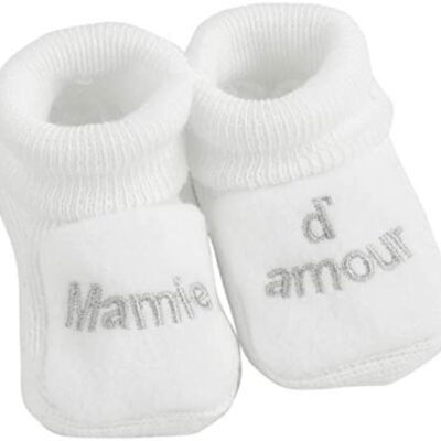 KINOUSSES - Chaussons Bébé - Brodés 'Mamie d'amour' - 0-3 Mois - Blanc/Argent