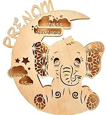 VEELU Bébé Veilleuse Éléphant Lune Nom Personnalisé Lampe LED Lumière En Bois Sculpté Décoration Murale Enfants Chambre Maison Baptême Cadeaux pour Nouveau-Né Garçons et Filles