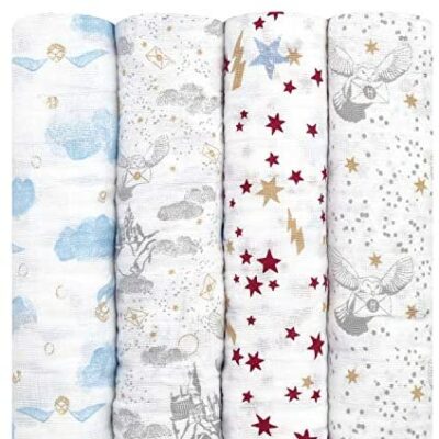 aden + anais - Lange bébé en coton - Harry Potter - Couverture d'emmaillotage nouveau-né - Qualité Premium - Pour nouveau-nés filles et garçons - Multicolore - 120x120 cm, lot de 4