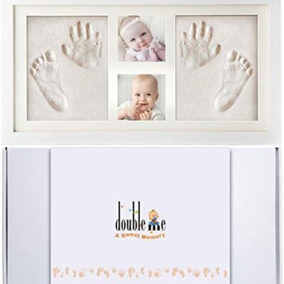 Doubleme Baby Footprint and Handprint Casting Kit, Cadre Photo Commémorant La Naissance De Bébé Et Des Jumeaux, Cadeau De Fête Prénatale - Deux Empreintes Et Deux Photos - Blanc