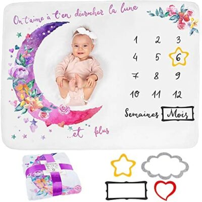 Couverture de scène pour bébé en français | Photo haute résolution | Couverture de lune pour bébé garçon ou fille CLIPARTO, unisexe | SHOPBOP sur le thème de la lune, des fleurs | Shower de bébé personnalisée pour les jeunes mamans | Tapis photo bébé | Doux et confortable