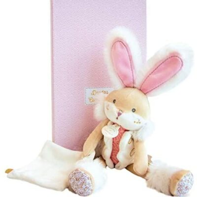 Doudou et Compagnie - Peluche Lapin avec mouchoir - 31 cm - Rose - Cadeau Naissance Fille - Jolie Boîte Cadeau - Sugar Rabbit - DC3486