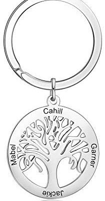 Porte-clés Kaululu arbre de vie personnalisé avec 4 noms gravés porte-clés en acier inoxydable porte-clés cadeau anniversaire/anniversaire/Saint Valentin