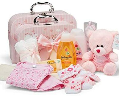 Coffret Cadeau Bébé I Cadeau Naissance et Baptême I Idées Cadeaux Originaux Naissance - 2 Coffrets Souvenirs Doux avec Ourson, Vêtements, Bavoir, Mousse de Bain - Cadeau Bébé Fille