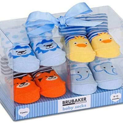 BRUBAKER - Chaussettes Bébé - 4 Paires - Garçons 0-12 Mois - Coffret Naissance/Baptême - Animaux