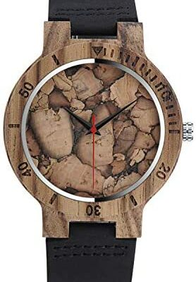 Montre en bois originale pour homme, bracelet en cuir complet, montre en bois de bambou, montre à quartz avec motif de feuilles, marron et noir