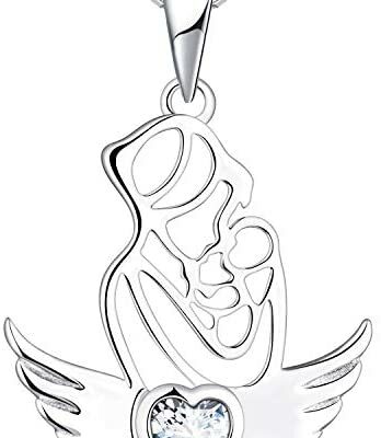 YL Mère Fille Fils Collier en Argent Sterling 925 Coupe 12 Pierres de Naissance Zircon Cubique Ailes d'Ange Pendentif Cadeau pour Maman Femme, 45-48cm