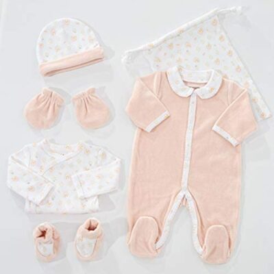 KINOSSES - Kit de Naissance 6 Pièces - 1 Mois - Velours Rose - Motif Arc-en-Ciel - (Pyjama, Body, Bonnet, Gants, Chaussons & Sac de Rangement) - Cadeau Bébé Fille