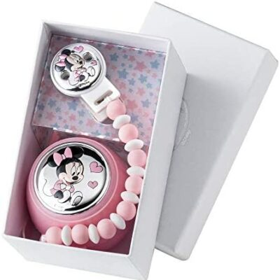 Disney Baby - Attache-suce, Anneau de dentition avec la boîte de Minnie - Détail argenté - Perles de couleur en silicone de qualité alimentaire - Cadeau d'anniversaire