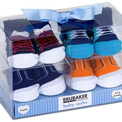 BRUBAKER - Chaussettes Bébé - Lot de 4 - Garçons 0-12 Mois - Coffret Naissance/Baptême - Fun Sneakers/Sneakers