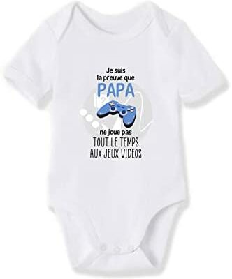 HEXAGON Humour Body bébé à manches courtes en coton bio | SHOPBOP Body bébé unisexe filles garçons | Idées cadeaux d'anniversaire originales, idées originales de Noël, grossesse, baby shower | Motif : jeu vidéo papa