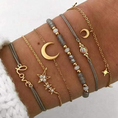 Yean Lot de 6 bracelets en cristal multicouches faits à la main avec étoile de lune pour femme et fille Doré