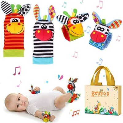 RXYYOS 4 pièces bébé poignet et chaussette hochet jouet ensemble poignet cloche sangle hochet et chaussette pied Finder Animal bébé pied jarretière jouet