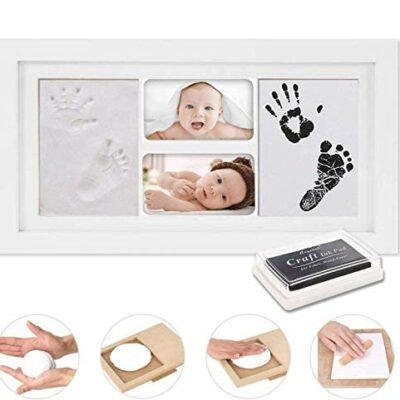 GSSUCCESS Kit magnifique pour les mains et les empreintes de bébé, cadre décoratif blanc souvenir de bébé, encre non toxique, verre acrylique décoratif en bois, excellent cadeau pour les bébés, parfait pour les listes de naissance