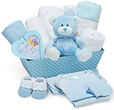 Coffret Naissance Bébé Garçon Bleu - Le kit naissance comprend des vêtements bébé garçon, un lange en polaire, une serviette à capuche, 2 étoffes en mousseline et un adorable nounours