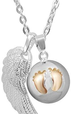 AEONSLOVE Collier Bola de Grossesse avec Petite Empreinte, Carillon Musical Ailes d'Ange Pendentif Collier Bébé Enceinte Cadeau de Noël Original, 114cm