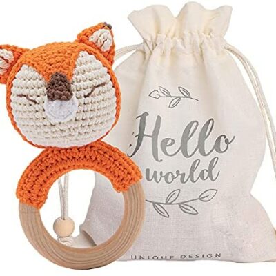 Youuys Hochet en bois pour bébé avec anneau de lion au crochet pour le développement de bébé - Joli jouet au crochet avec son pour 3, 6, 9, 12 mois et cadeaux de nouveau-né