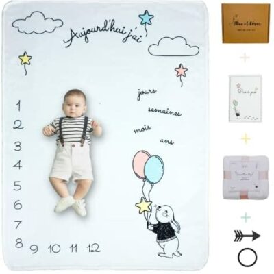 Coffret naissance original, tapis de scène français et album photo bébé garçon ou fille, kit souvenir bébé idéal pour baby showers, baptêmes, tapis photo personnalisé unisexe