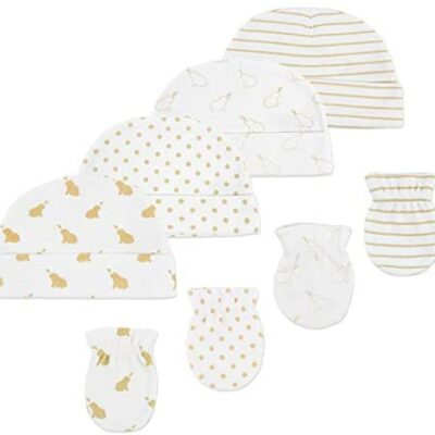 Ensembles de nouveau-nés garçons et filles Budding Bear - (Lot de 4) Bonnets pour bébé avec gants de nouveau-né assortis - 100% coton biologique - 0 à 6 mois - Lavable en machine - Cadeau nouveau-né unisexe - Blanc et doré