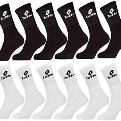 Lotto Chaussettes de sport homme Tennis/Course/Marche/Football/Basketball/Multisports - Lot de 12 paires de tennis - Blanc et noir