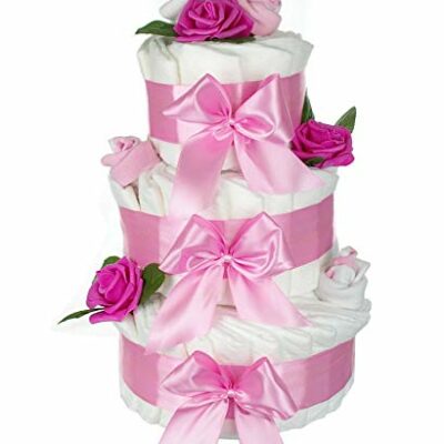 dubistda© Gâteau de couches XXL rose pour fille ROSE BLOSSOM / 63 pièces / cadeau naissance / 45cm