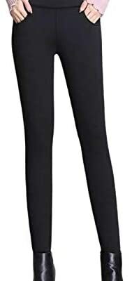 Burkashear Legging en peluche pour femme avec poche solide élastique Taille haute Crayon Pantalon hiver chaud fin polaire doublé Leggings Cadeau de Noël