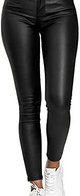 Koitniecer Pantalon en cuir PU pour femme Leggings en similicuir extensible Pantalon en cuir taille haute avec poches