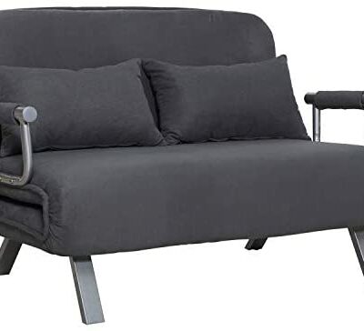 HOMCOM Canapé convertible 2 places Canapé déhoussable avec revêtement amovible Très confortable Fournit 2 coussins Accoudoirs en métal suédé gris foncé