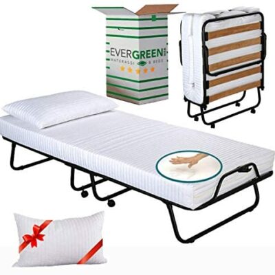 Evergreenweb - Lit d'appoint simple escamotable avec matelas en mousse à mémoire de forme blanche 80x190 avec oreiller à mémoire de forme offert, sommier à lattes en bois confortable et roulettes, orthopédique, pour les invités