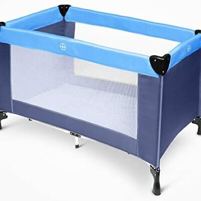 Leogreen - Lit de Voyage pour Bébé, Parc Portable, Conforme CE, Pliable, Léger, Bleu Ciel/Bleu Marine, Dimensions déployées : 125 x 76 x 65 cm, Poids : 8,84 kg