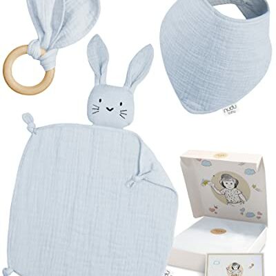 nudu Baby - Coffret Cadeau - Couverture Confort - Bavoir - Anneau de Dentition - 100% Coton - Mousseline - Cadeaux Naissance - Cadeau Bébé Garçon - Bleu